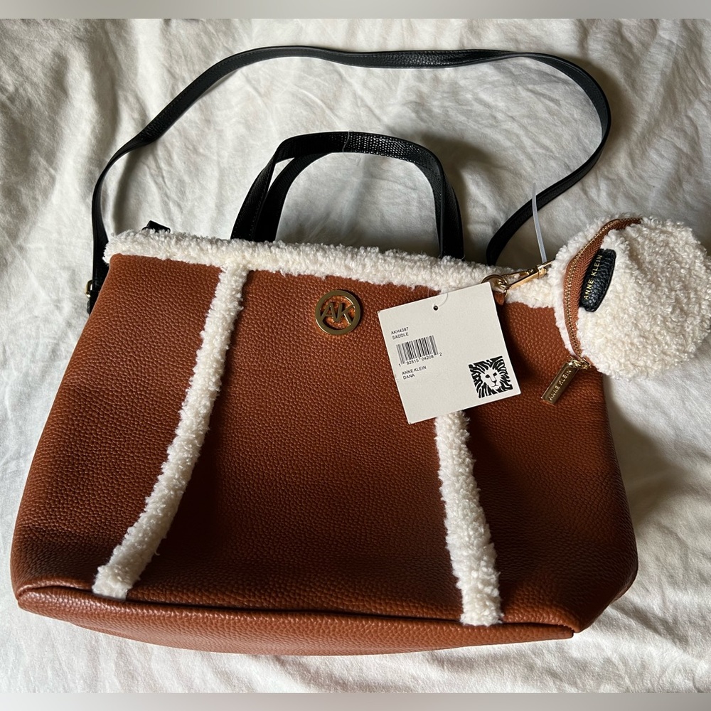 Anne Klein Brown Crossbody Bag with Shearling Accents